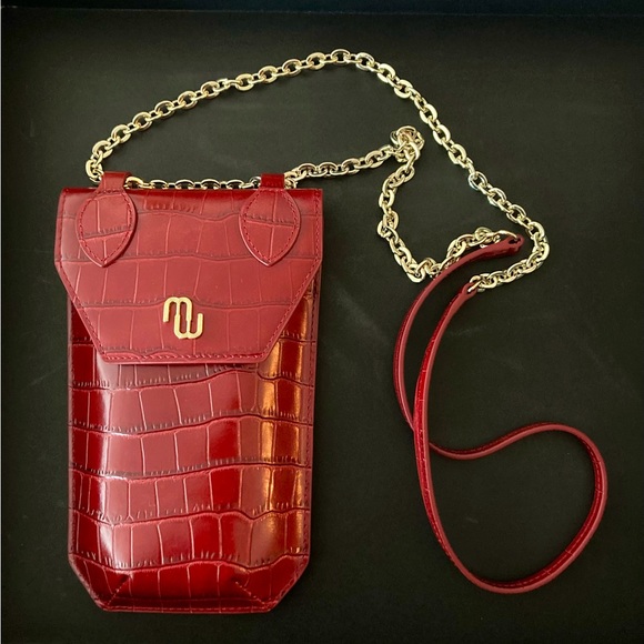 MAJE BURGUNDY CROCODILE-EFFECT EMBOSSED LEATHER PHONE CASE - Picture 1 of 5